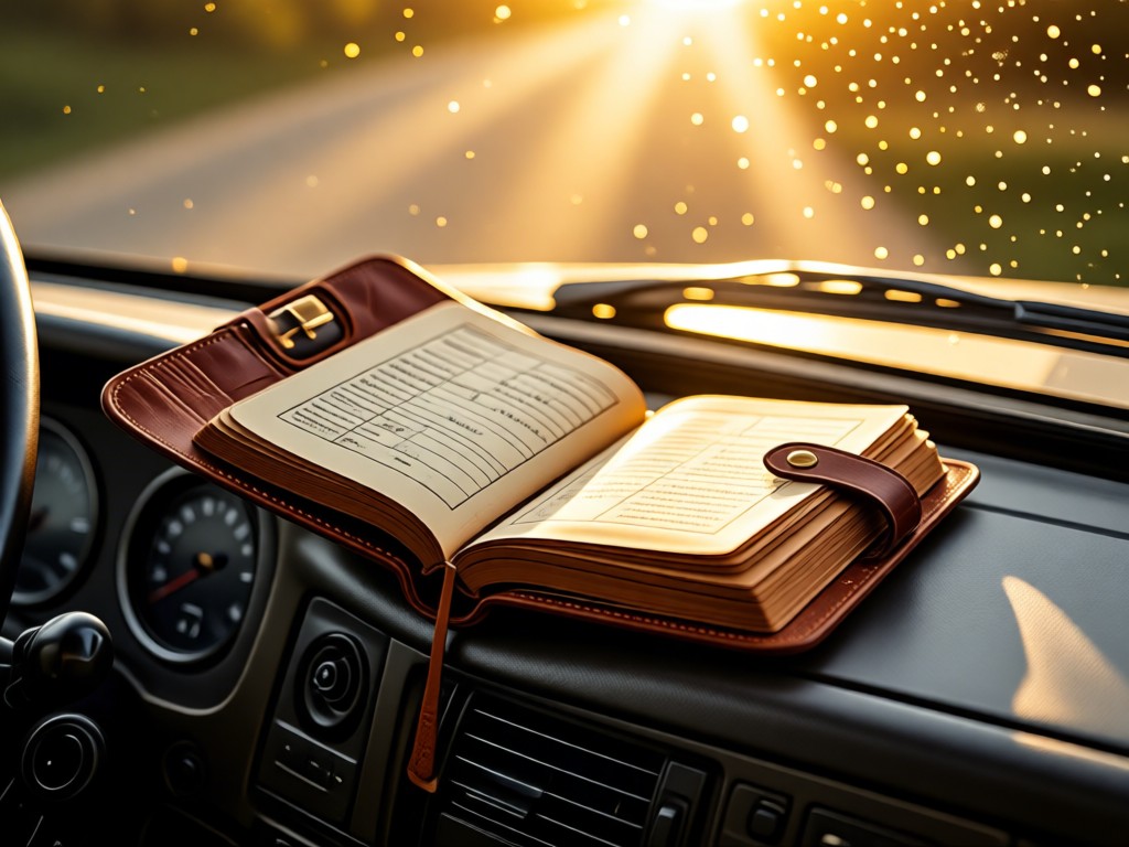 Close-up of a leather-bound logbook open on a truck dashboard. Golden light streams through windshield onto pages. Professional yet rustic. No people.