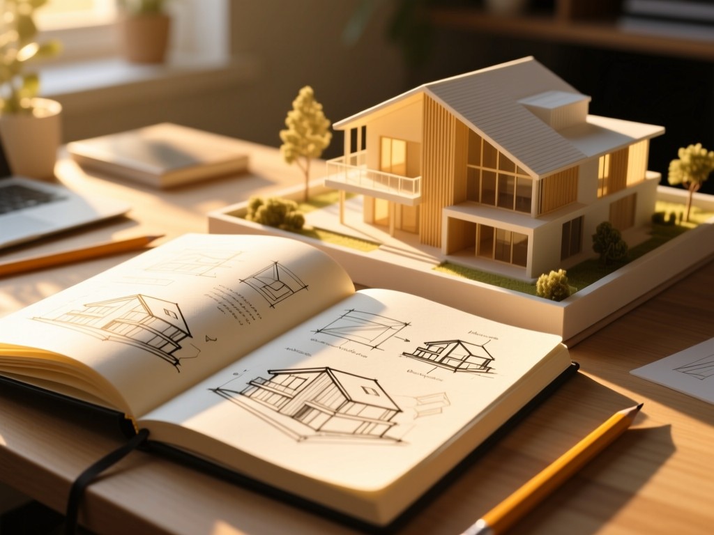 An open sketchbook with design process diagrams beside a model building, golden hour sunlight illuminating pencil lines, soft shadows, creative workspace atmosphere, no text visible.