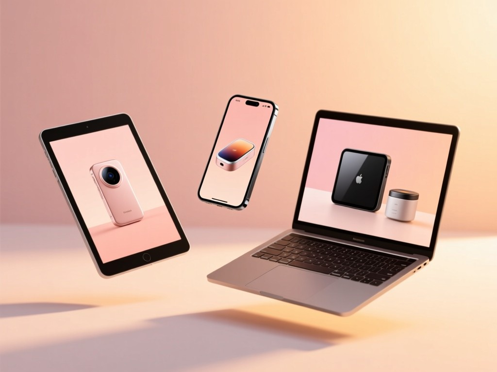 Three floating devices: tablet, phone, laptop. Each shows different digital products against a soft peach gradient. Clean shadows, ample whitespace. Golden hour ambiance.