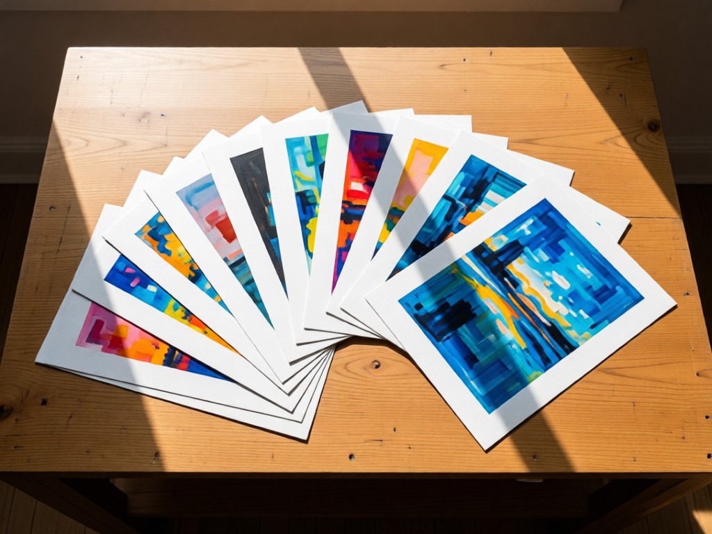 Overhead shot of art prints fanned across a wooden drafting table. Natural light highlights paper textures and vibrant inks. Minimalist composition with breathing room. No people.
