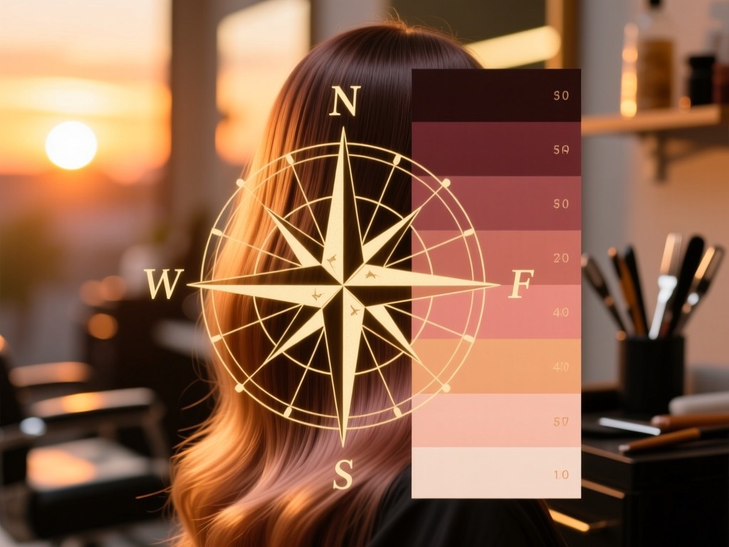 A compass rose overlaid on a gradient hair color chart at sunset, warm amber and rose gold tones, soft focus background with blurred salon tools, symbolic of discovery.
