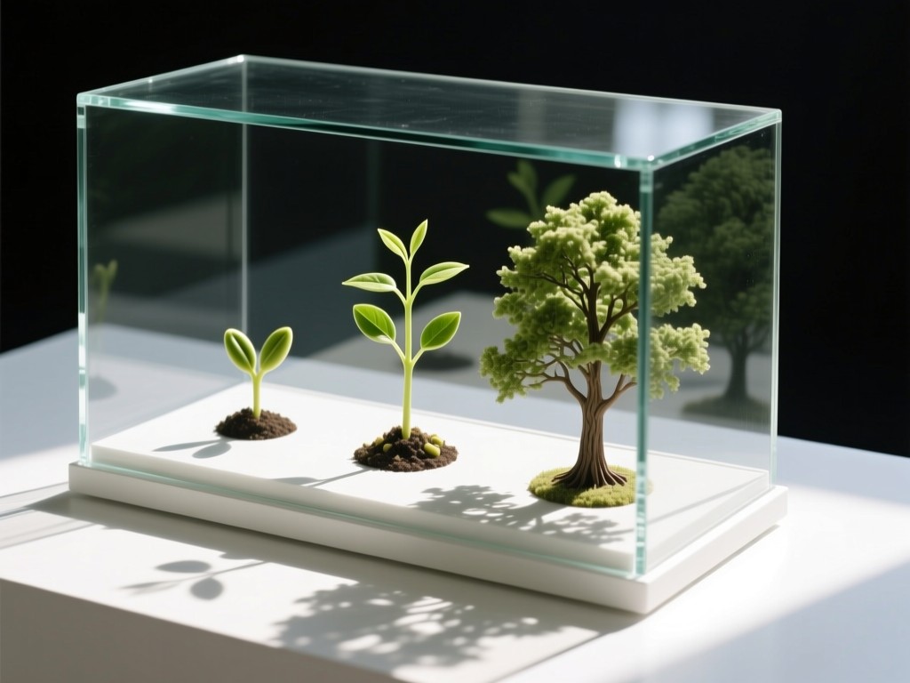 A clean glass display case holding three progressive growth models: seed, sapling, tree. Sunlight creates evolving shadows on a white surface. No people.