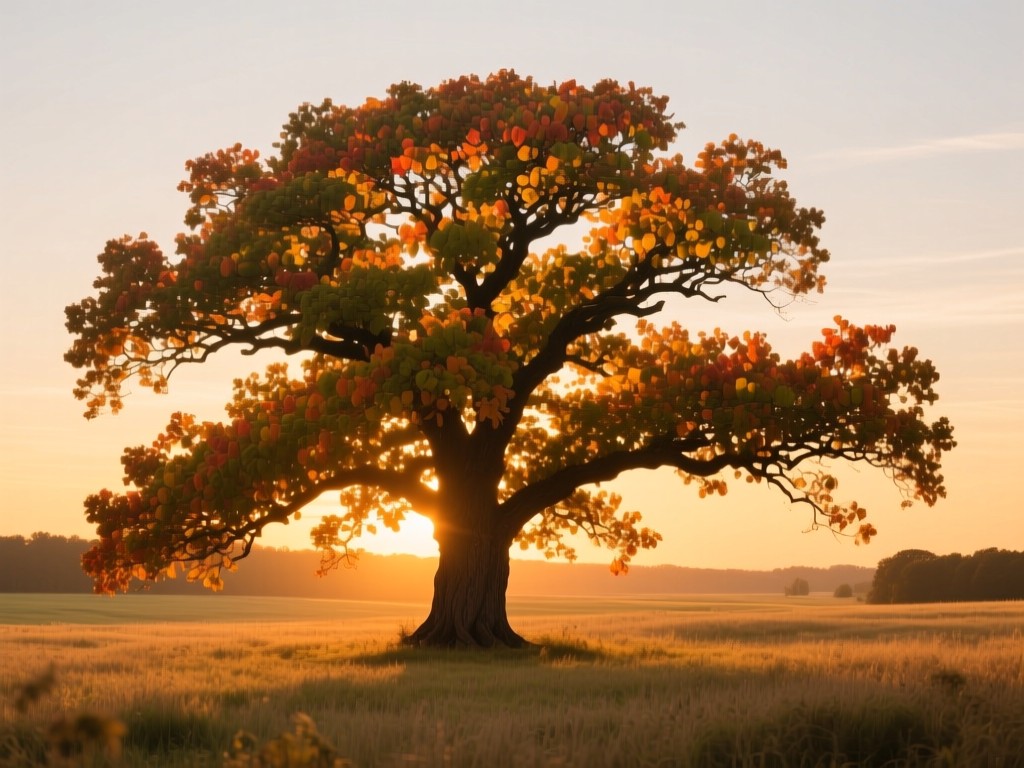 A majestic oak tree in open field during golden hour, branches spreading wide with vibrant leaves symbolizing growth, warm sunset glow, natural colors, no people.