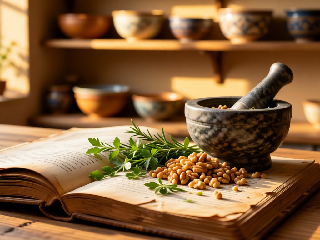 Open Persian cookbook beside mortar and pestle with crushed walnuts. Fresh herbs spill across weathered page. Soft focus on kitchen shelves with ceramic bowls. Golden hour lighting. No people.