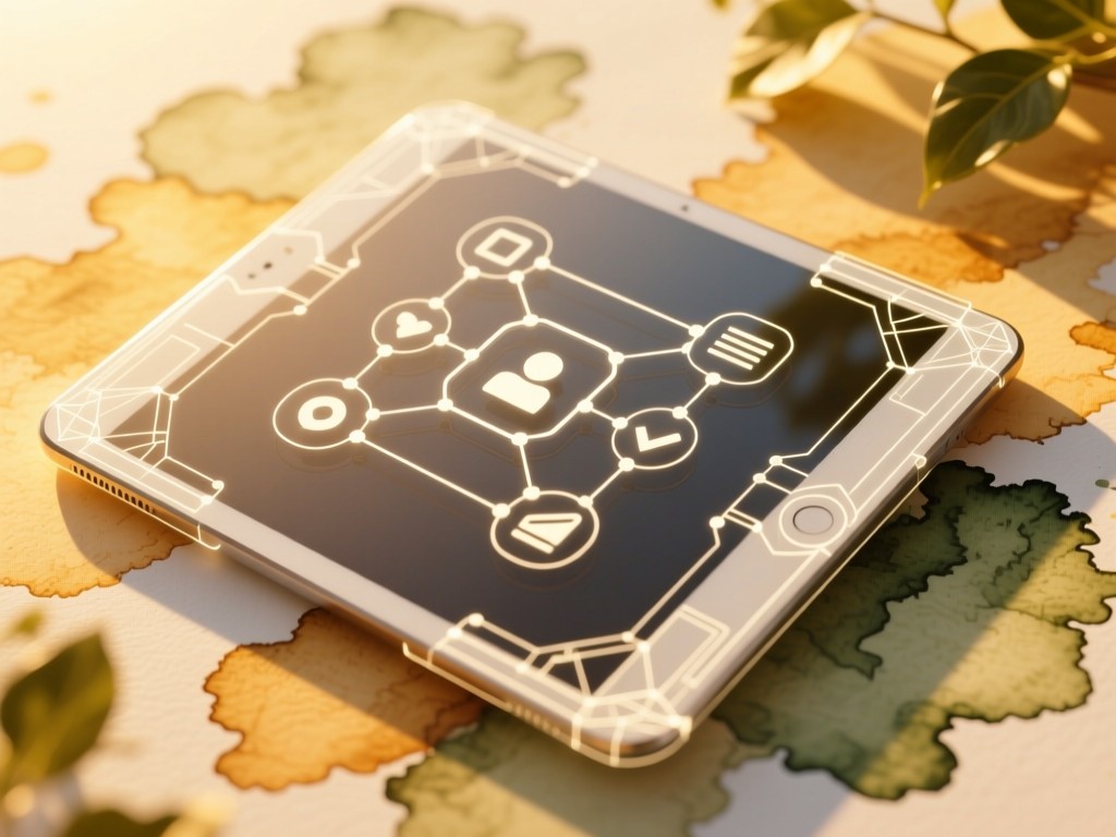 Stylish wireframe tablet showing linked icons overlaid on a watercolor background. Golden hour light creates depth through translucent layers. Clean tech-nature blend. No people.