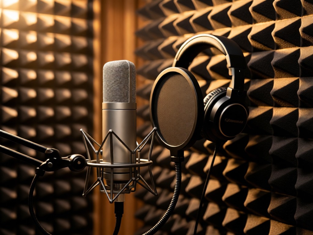 Sleek podcast microphone with headphones on soundproof foam, bathed in warm studio light. Minimalist tech aesthetic, no people.