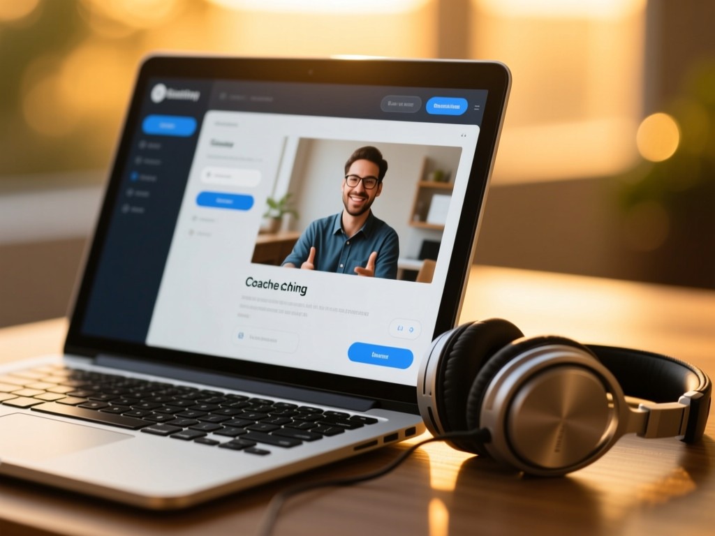 Close-up of a laptop displaying a coaching session interface. Headphones resting beside it. Warm golden hour light creates depth. Focus on technology and connection. No people.