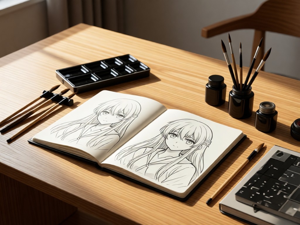 A minimalist desk with ink brushes and open sketchbook showing anime sketches. Soft light highlights the textures of paper and wood. No people.