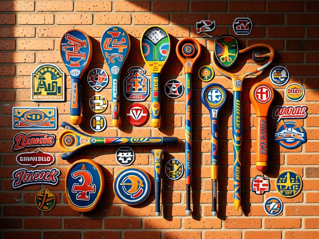 A stylized arrangement of branded pogo gear against a sunlit brick wall. Patches and stickers create visual texture. No people.