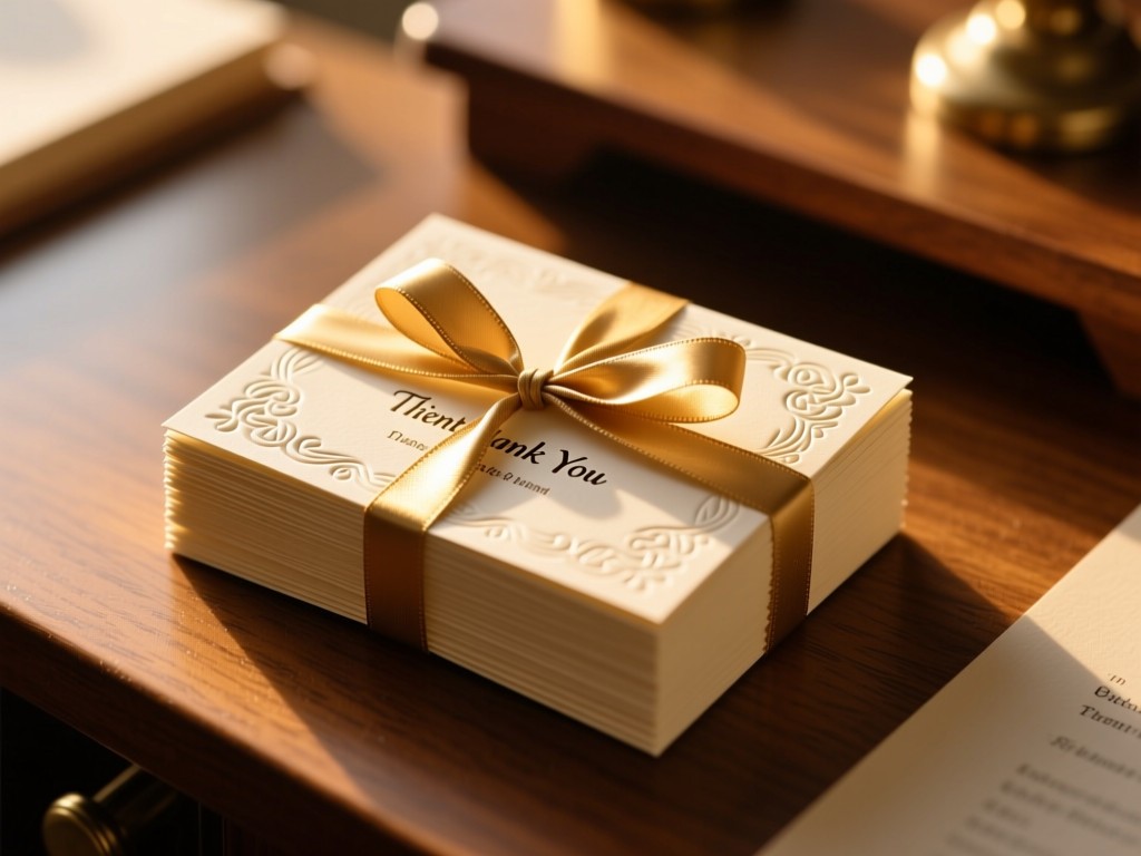 A stack of embossed client thank-you cards tied with ribbon on a wooden desk. Golden hour light highlights the texture. No people.