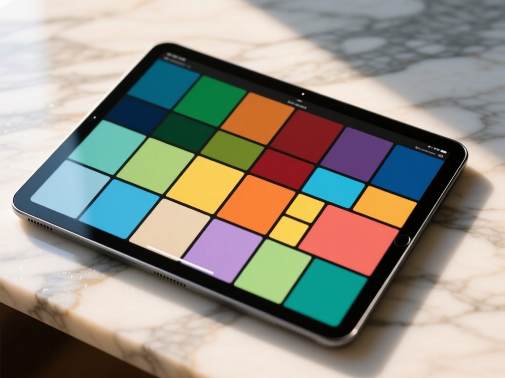 Color-coded time blocks on a digital tablet screen, arranged like mosaic art. The tablet rests on a marble surface with morning light creating soft reflections. No text or people visible.
