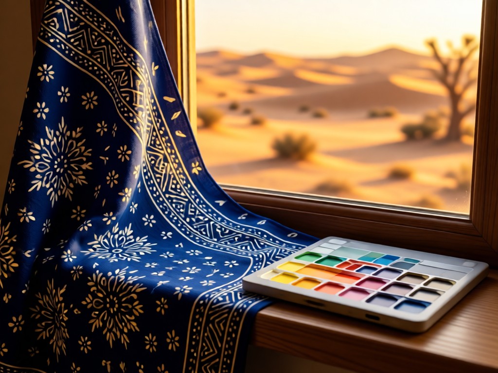 Traditional ajrak fabric draped beside a digital color palette. Golden hour light enhances the indigo patterns. Soft focus on desert landscape outside window. No people.