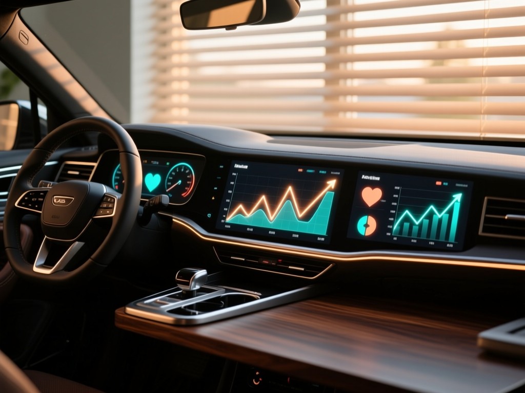 A clean dashboard with glowing health data visualizations on a dark wooden desk, morning light streaming through blinds, abstract graphs showing upward trends, warm accent lighting.