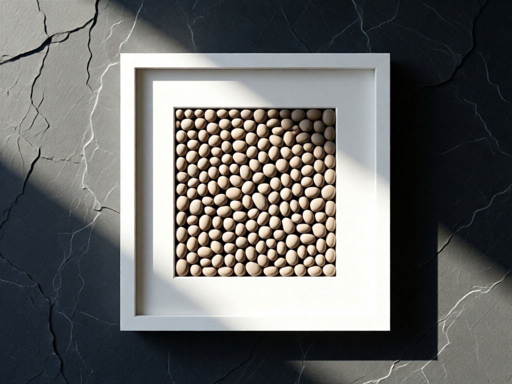 A minimalist white frame surrounding a textured pebble art piece against a slate backdrop. Natural side lighting emphasizes depth and materiality. No people.