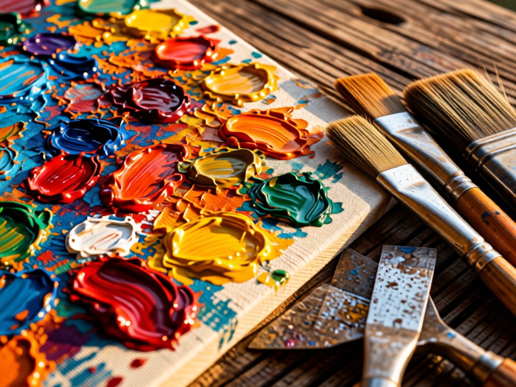 Close-up of textured paint strokes on canvas with vibrant pigments catching golden hour light. Brushes and palette knives rest beside the canvas against a rustic wooden background.