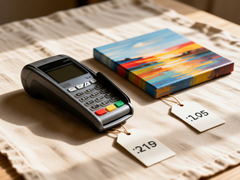 A minimalist payment terminal beside small canvas art on a linen cloth. Soft focus on price tags. Warm natural lighting. No people.