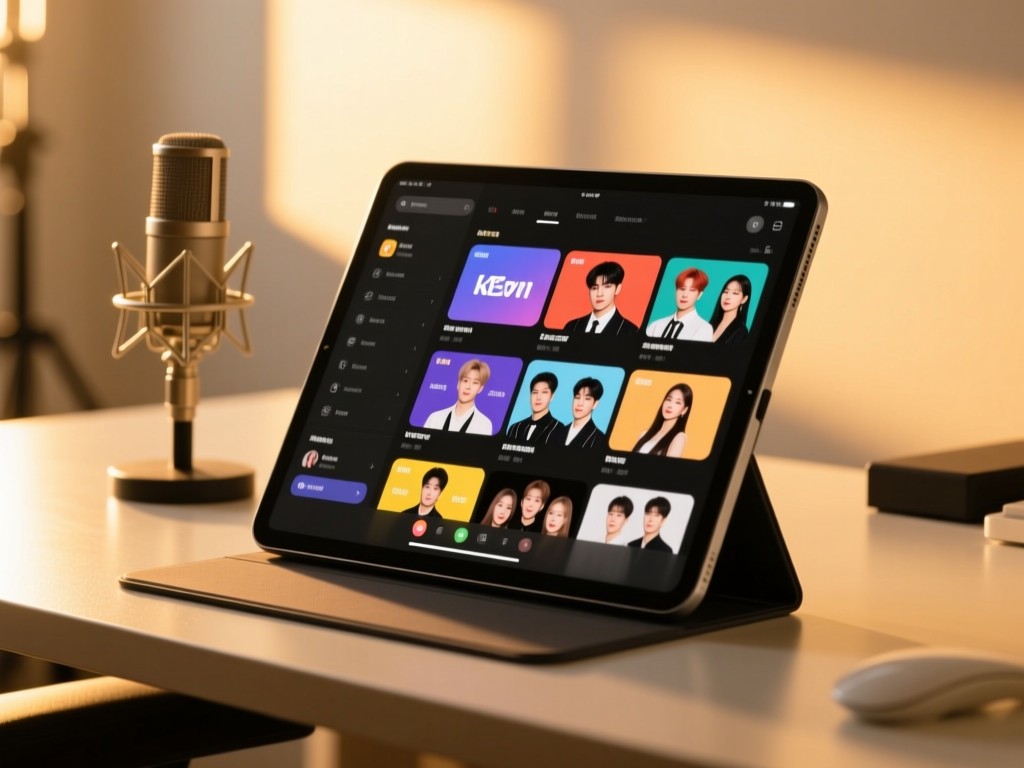 A sleek tablet on a studio desk during golden hour, screen showing organized K-pop content tiles, soft sunlight highlighting a minimalist microphone stand, shallow depth of field, warm tones, no people.