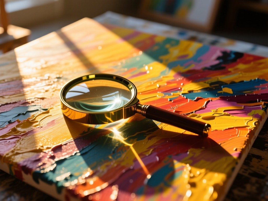 A magnifying glass resting on a vibrant abstract canvas in a sunlit studio, golden hour lighting casting long shadows, rich textures visible, no human presence.