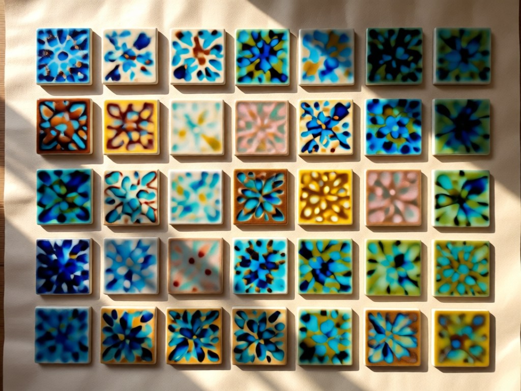 Aerial view of glaze test tiles organized in a clean grid on craft paper. Each tile shows unique ceramic finishes. Sunlight creates soft shadows between tiles. No people.