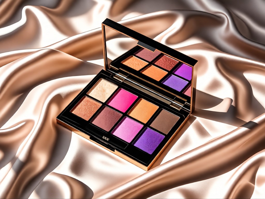 An aerial view of a single luxury makeup palette open on a satin cloth. The vibrant eyeshadows catch the light in an otherwise minimalist composition. Represents having everything essential in one place. No people.