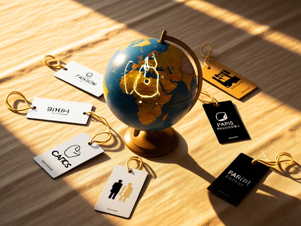 A globe with Paris highlighted, surrounded by minimalist luggage tags from fashion capitals. Golden hour light creates long shadows on a linen backdrop. No people.