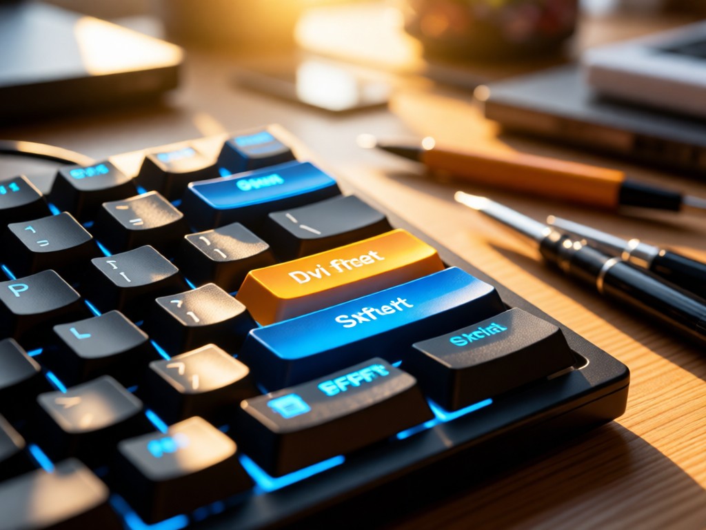 Close-up of a keyboard with Divi shortcut keys highlighted. Warm sunlight creates soft focus on surrounding workspace tools. No people.