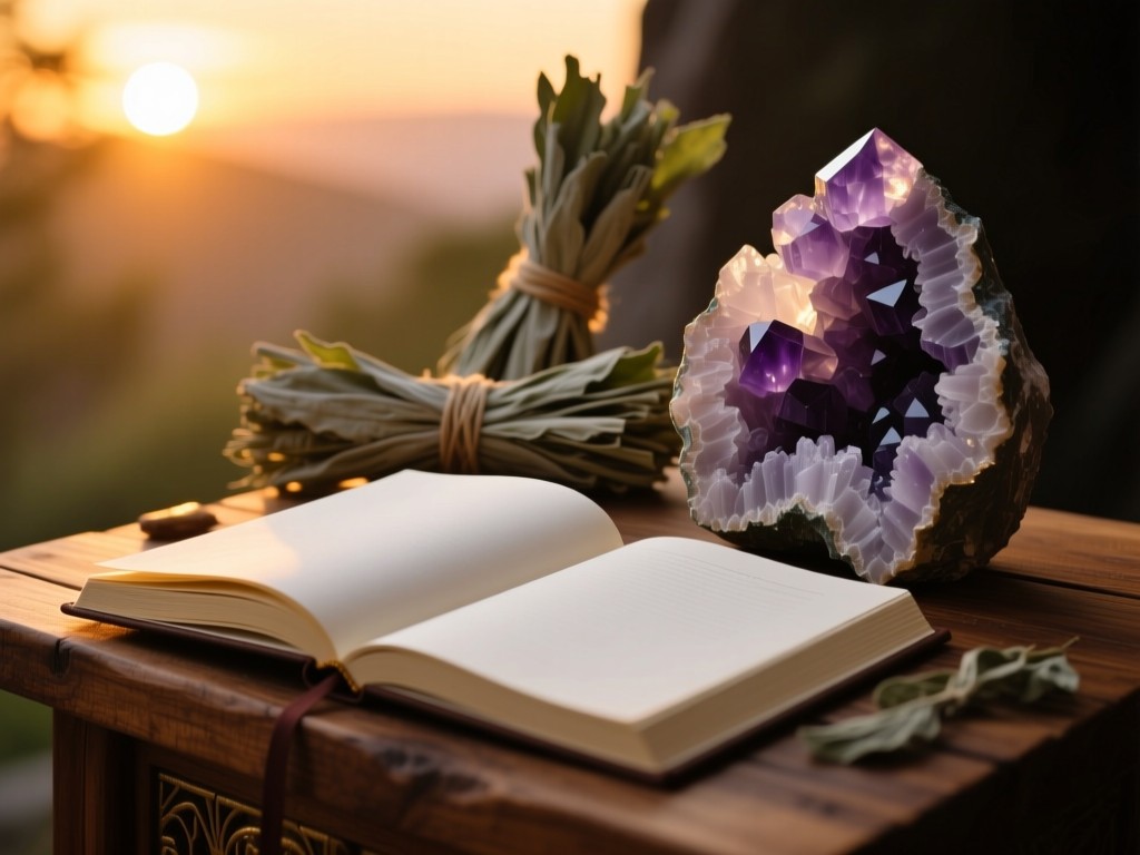 An open journal beside amethyst geodes on a wooden altar during sunset, golden light highlighting blank pages, sage bundle in background, shallow focus, tranquil ambiance, no text.