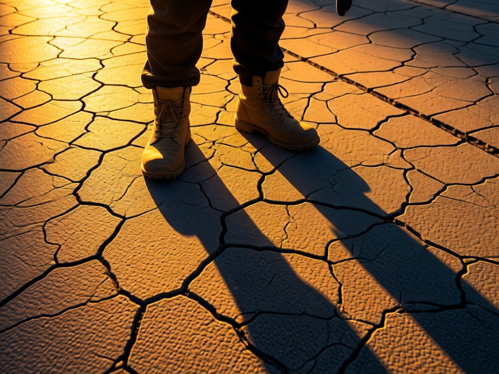 Aerial view of combat boots standing defiantly on cracked pavement. Golden sunset light creates long dramatic shadows. Symbolizes strength and individuality. No people.