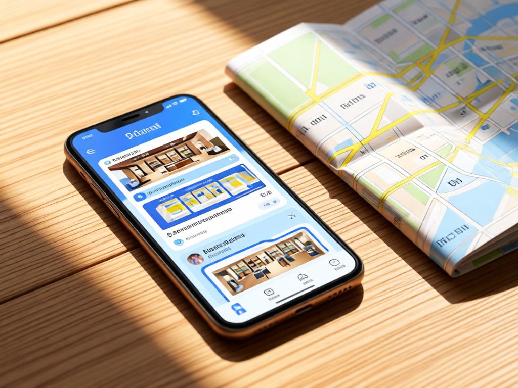 Stylish smartphone showing a clean store locator interface beside a folded mall map. Natural light on a wooden surface. Focus on intuitive navigation. No people.