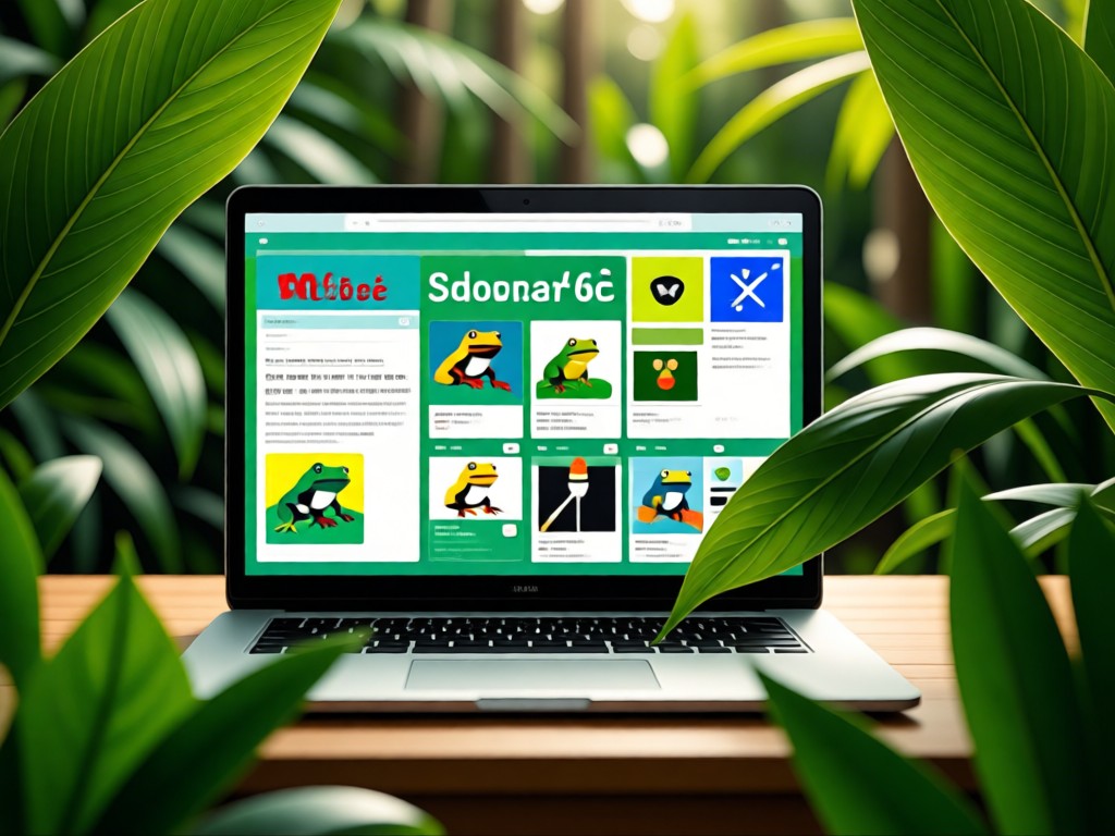 A close-up of tropical leaves framing a laptop displaying a vibrant portfolio template with coquí frog motifs. Soft sunlight filters through foliage. No people.