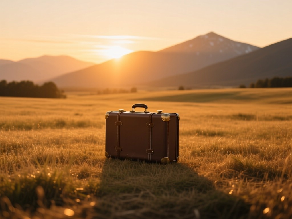 A single vintage suitcase in an open field at golden hour, casting a long shadow toward distant mountains, symbolizing journey and opportunity, warm sunset tones, minimalist composition, no people.
