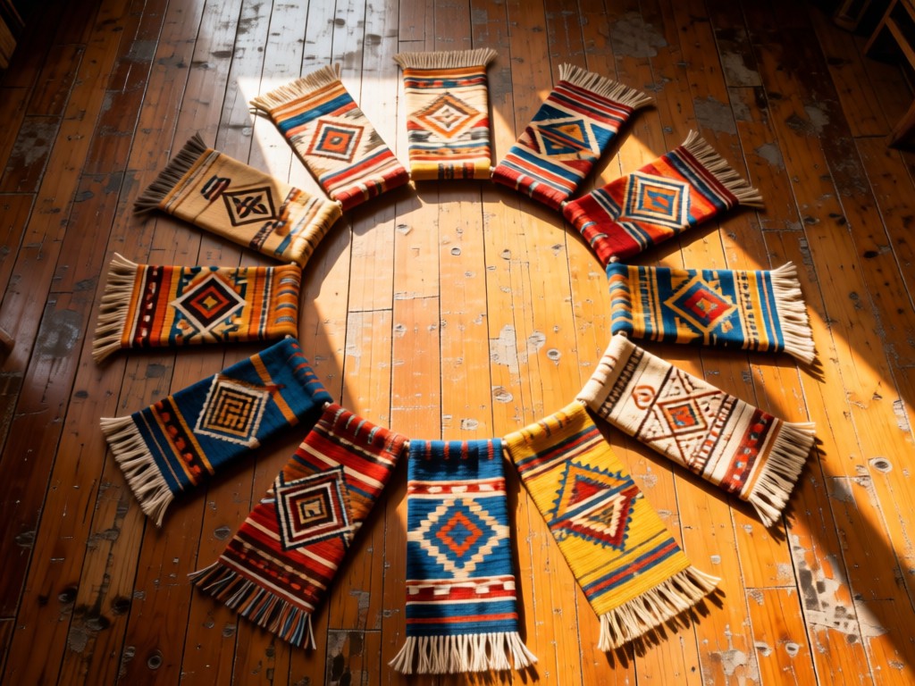 An aerial view of handwoven textiles arranged in a sunlit circle on a worn wooden floor. Each textile shows unique primitive patterns in natural dyes. Symbolizes unity of craft and digital presentation. No people.