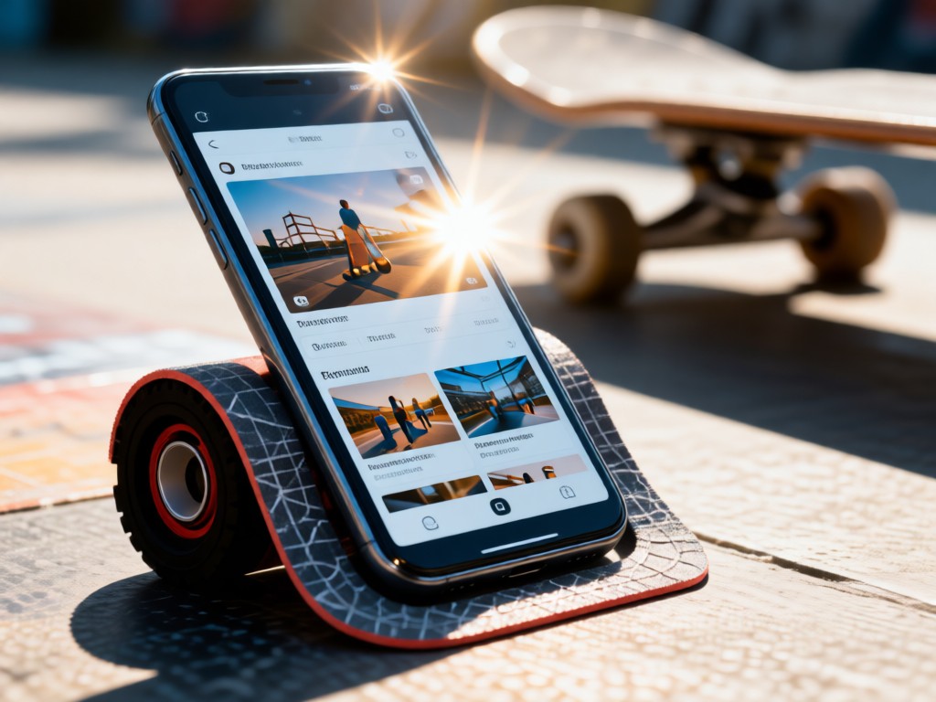 A smartphone propped on grip tape, showing a responsive skate portfolio. Sunlight reflects off the screen onto a blurred skate tool in the background. Clean tech aesthetic. No people.