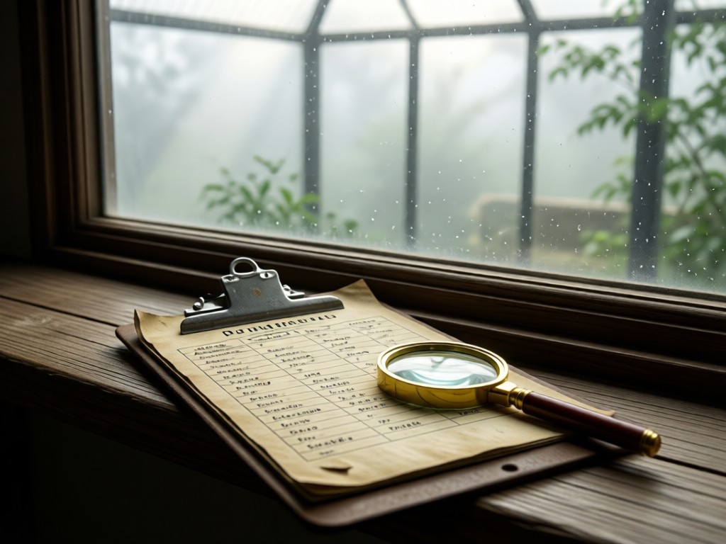A worn zookeeper's clipboard with animal observation notes beside a magnifying glass. Soft morning light through misty zoo habitat glass. No people.