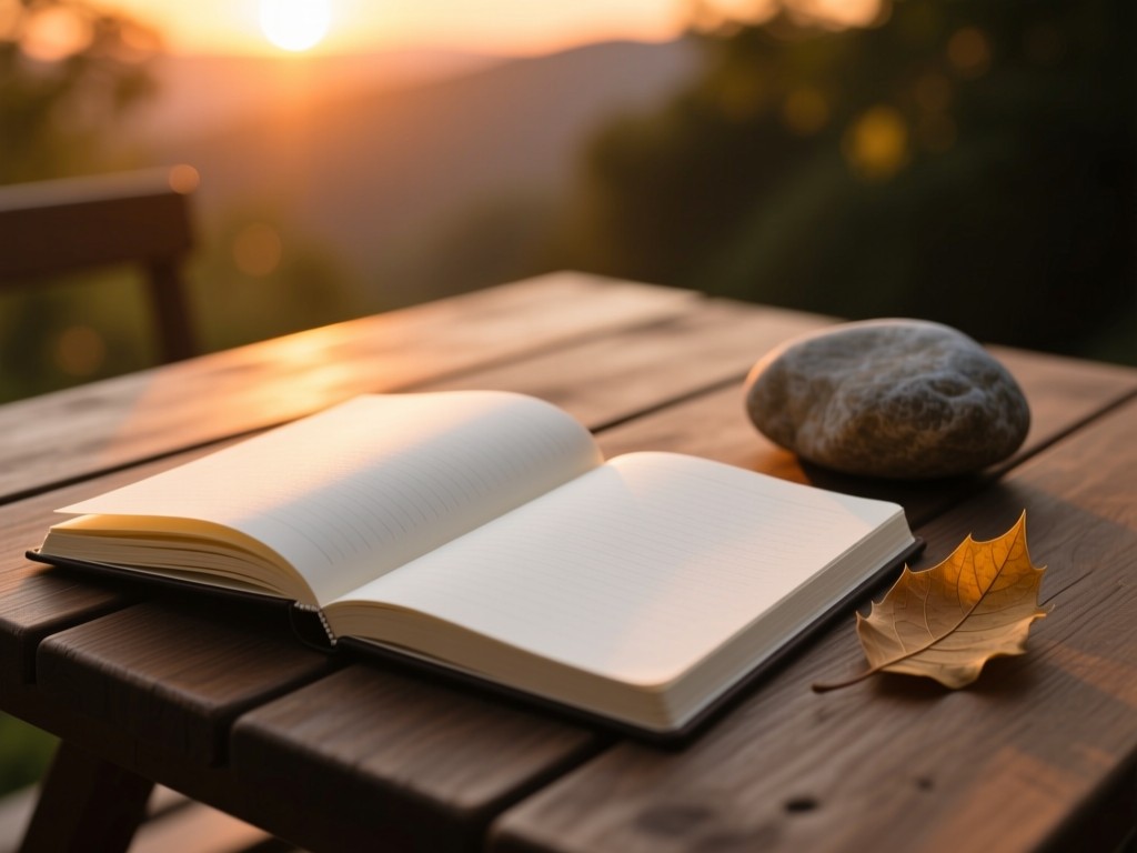 An open blank journal and smooth stone on a wooden table during sunset, warm light illuminating the page texture, single leaf beside it, shallow depth of field, serene atmosphere.