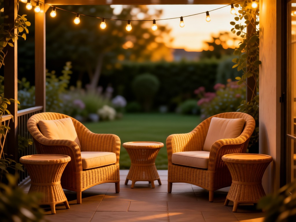 A cozy patio nook with armchairs and side tables arranged under string lights. Golden hour glow on rattan surfaces. Blurred garden background. No people.