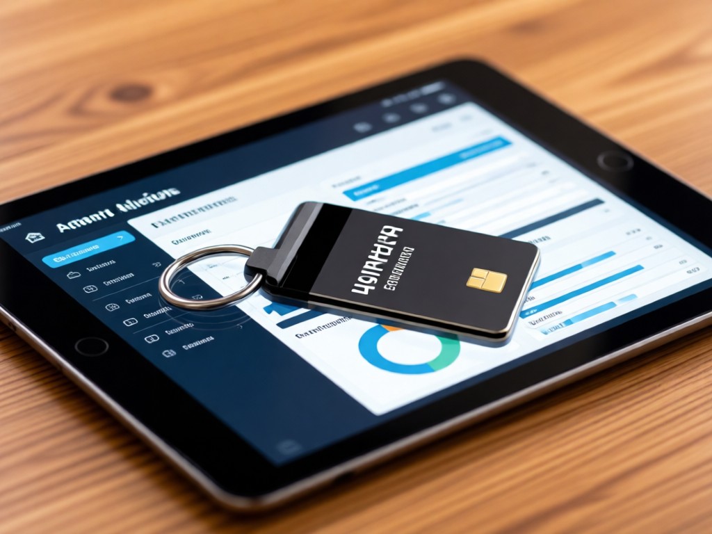 Stylish keycard resting on digital tablet showing tenant application dashboard. Warm wood background with shallow depth of field. Clean tech-meets-real-estate aesthetic. No people.