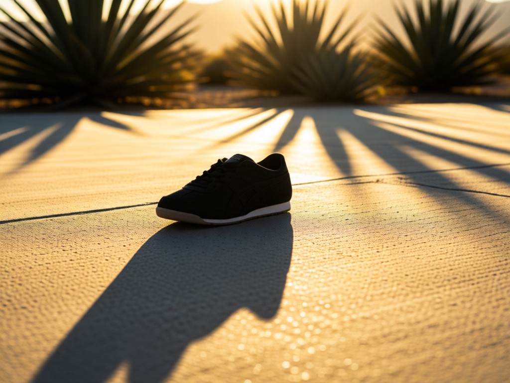 Aerial shot of single Onitsuka Tiger sneaker centered on concrete surface. Long morning shadows emphasize silhouette. Desert plants in blurred background. Golden hour lighting. No people.