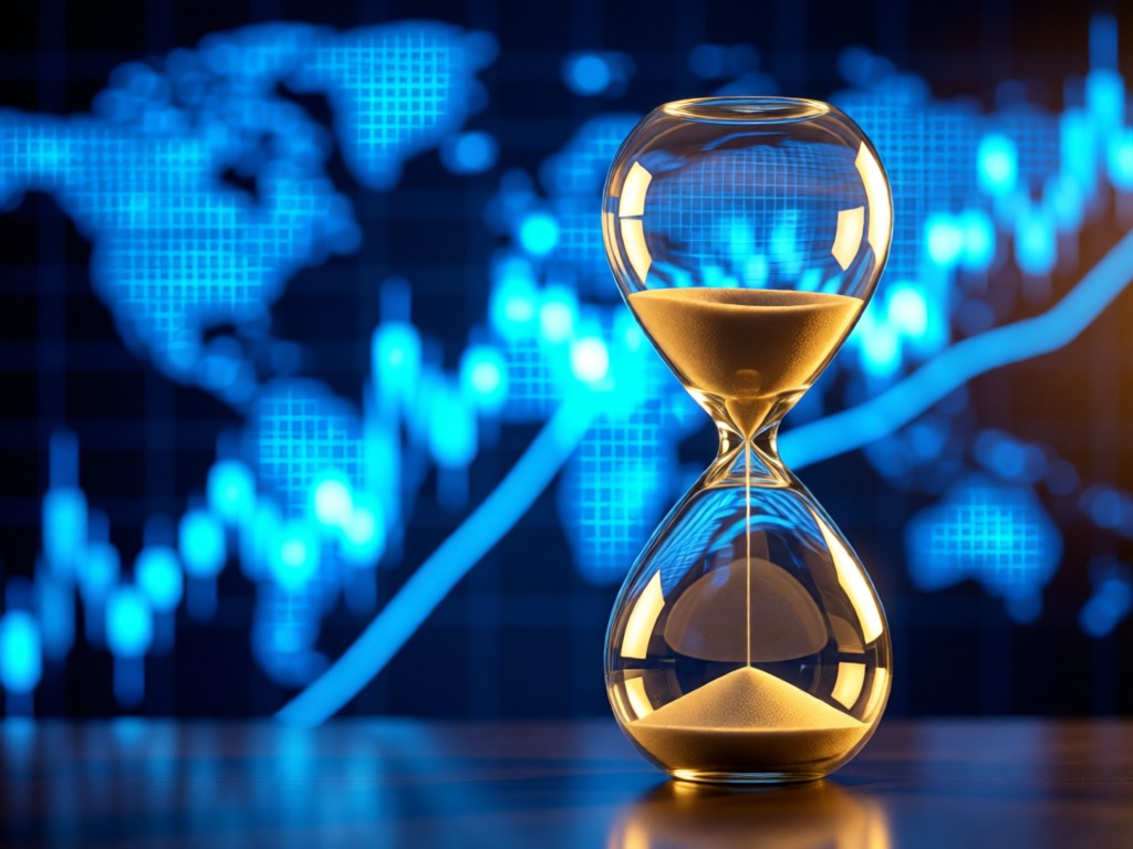 A blurred background of abstract blue financial graphs with a crystal-clear hourglass in the foreground. Golden hour light creates warm reflections on the glass surface. No people.