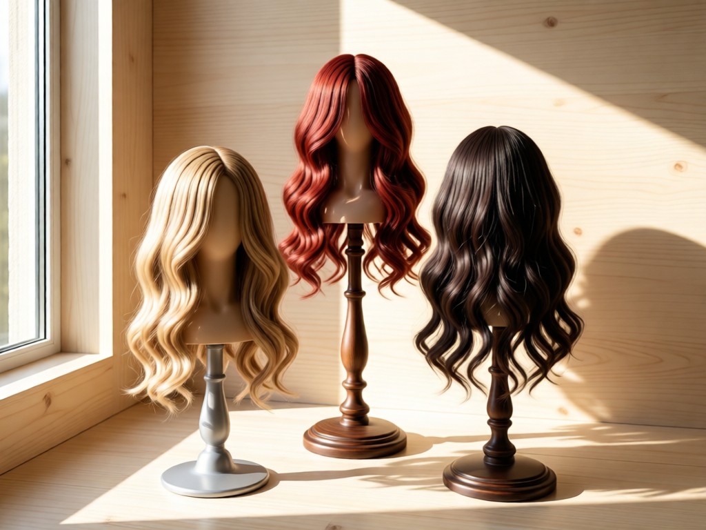 Three wig stands displaying different hair textures and colors arranged in an artistic composition. Natural light highlights the unique tones from a side window. Soft shadows on a light wooden background. No people.