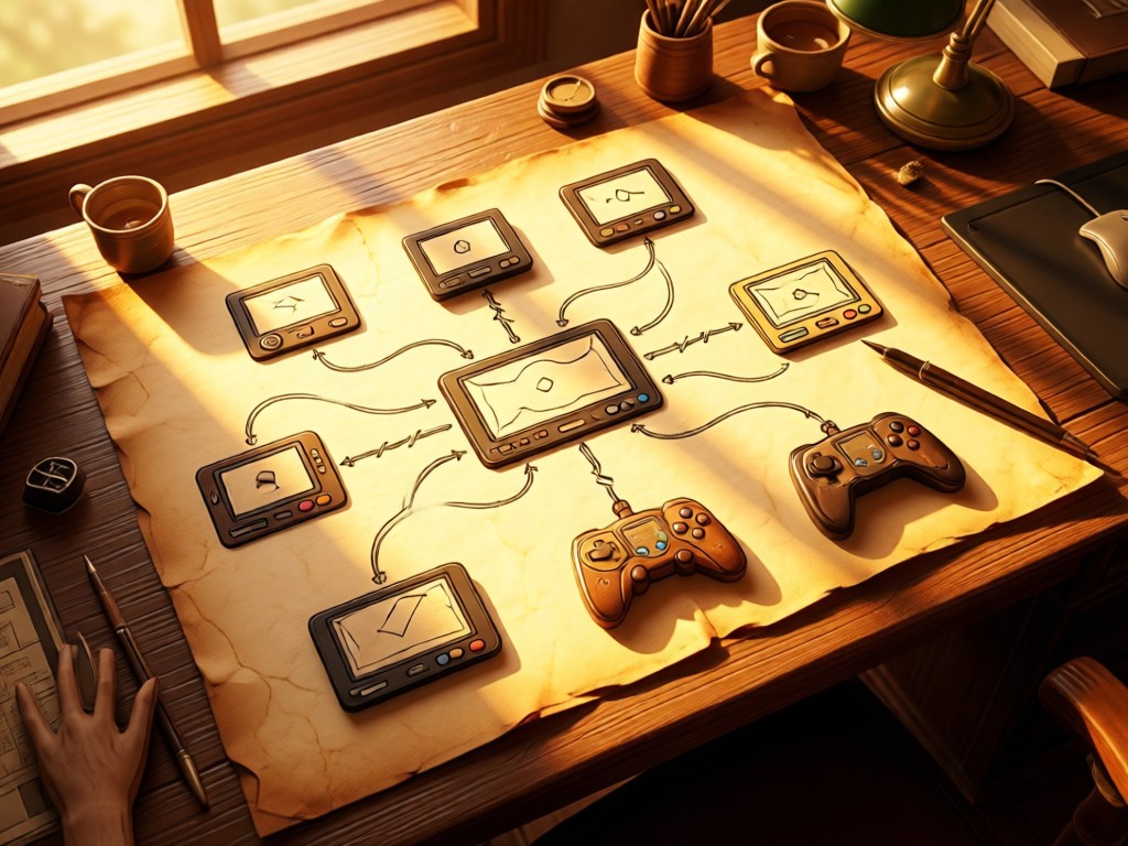 A bird's-eye view of a desk with multiple game platforms' icons connected by sketched lines on parchment paper. Golden hour lighting.