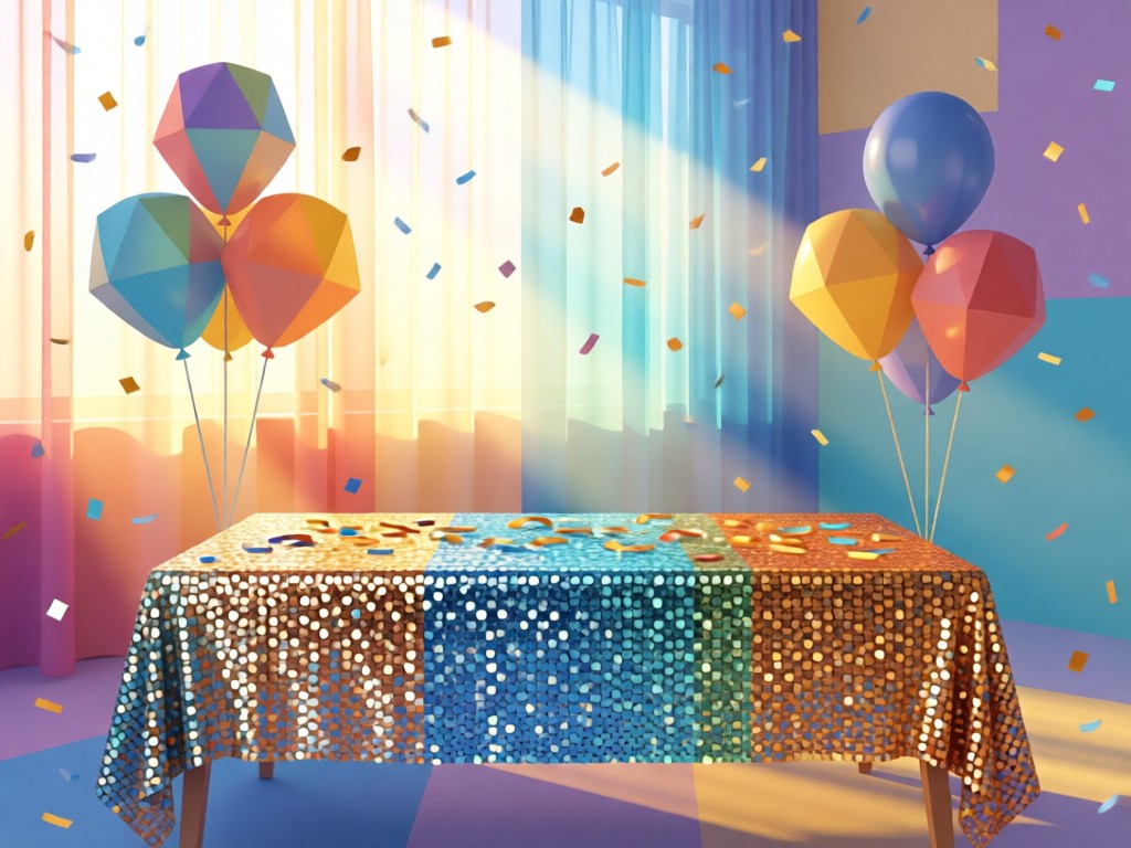 Stylized flat lay of party props: sequined tablecloth, geometric balloons, and metallic confetti arranged in color blocks. Morning light through sheer curtains creating soft gradients. No people.