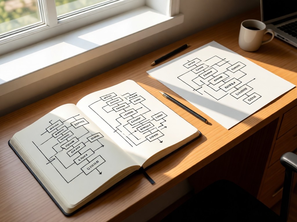An angled view of a desk with open notebooks showing UML diagrams beside a minimalist wireframe sketch. Natural light highlights the technical details. No people.