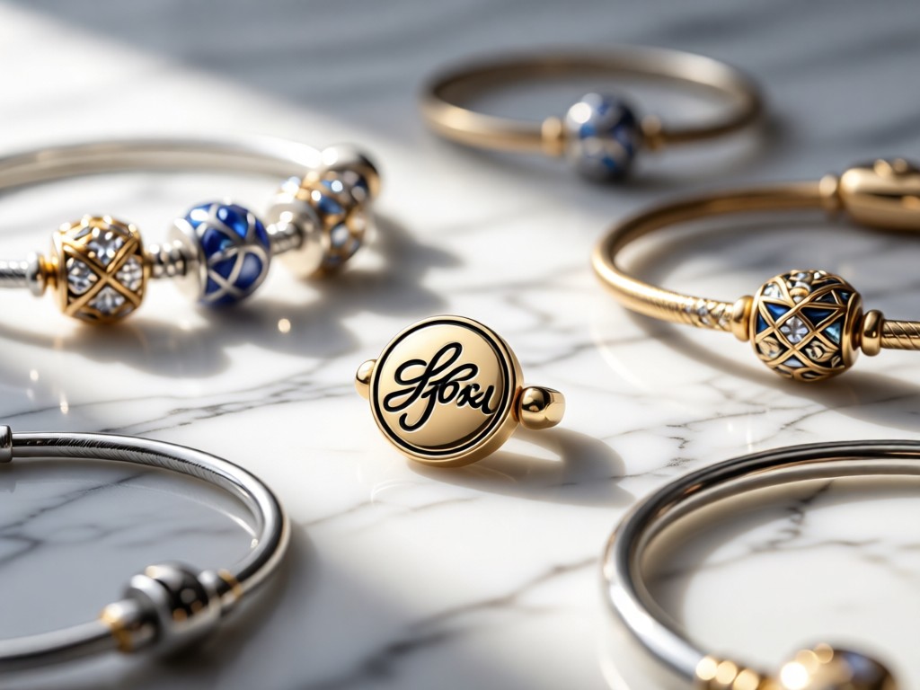 Artful arrangement of Pandora charms and bracelets on a marble surface with soft directional lighting. Selective focus on a signature charm with bokeh background of other pieces. Clean, premium aesthetic. No people.
