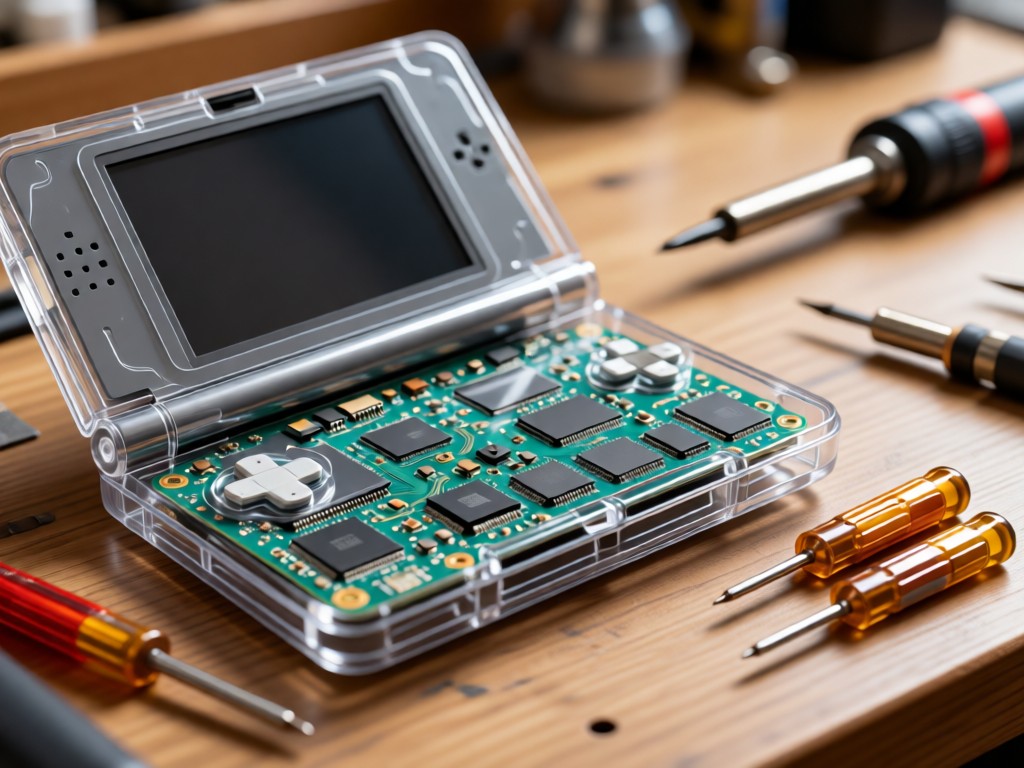 Close-up of a modded Nintendo DS with clear casing showing internal components. Tiny screwdrivers lie nearby on a workbench. Soft focus on soldering iron in background. No people.