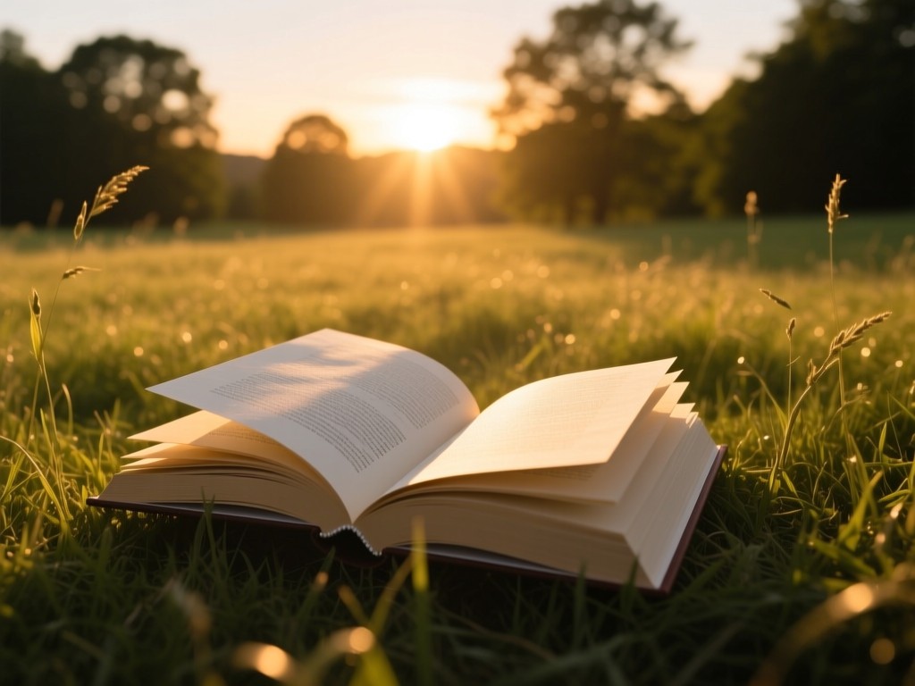 An open hardcover book casting a long shadow in a sunlit meadow at dusk, pages gently fluttering in breeze, golden light filtering through distant trees, shallow depth of field, no text visible.
