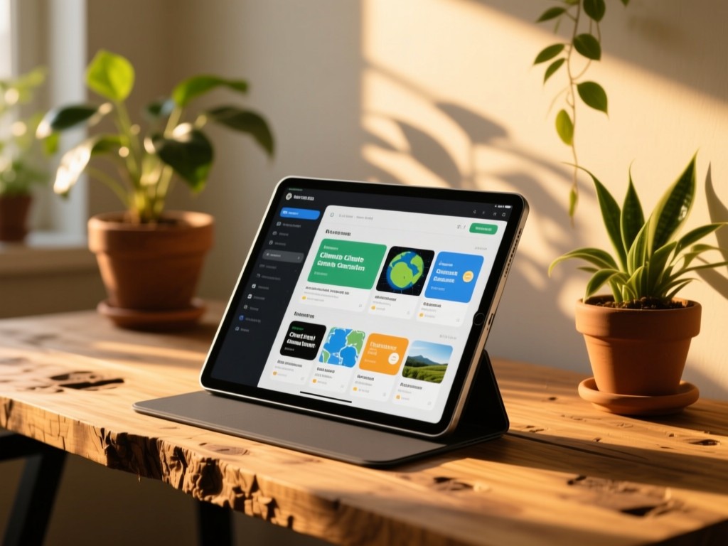 A sleek tablet on a recycled wood desk at golden hour, screen displaying organized climate action resources, sunlight filtering through potted plants, soft natural lighting, minimalist setup.