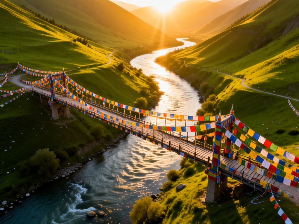 Aerial view of a prayer flag-adorned bridge spanning a river in green valley. Golden light emphasizes vibrant colors symbolizing connection. No people.