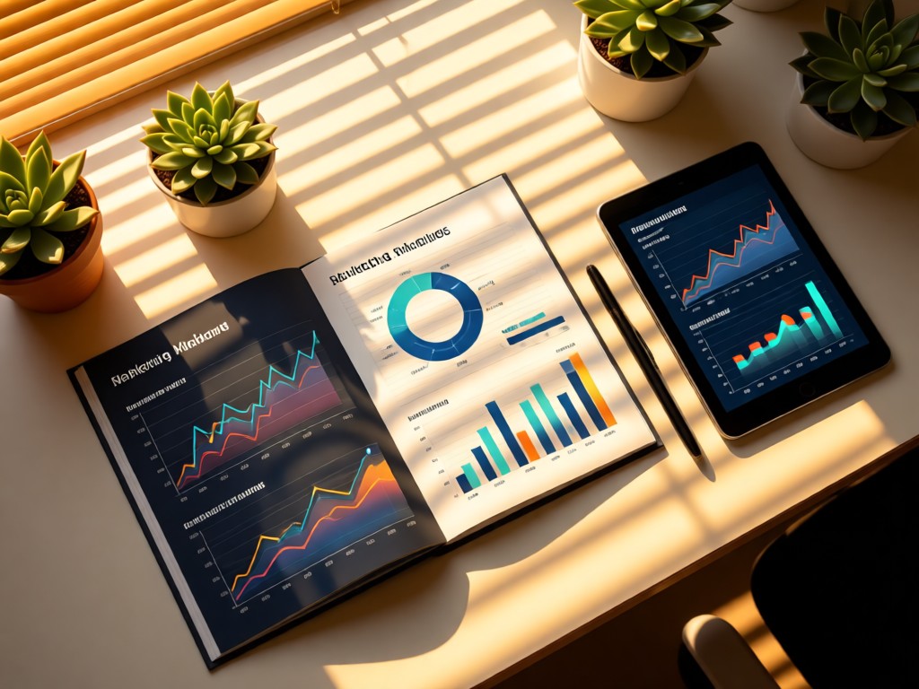 Aerial view of a sleek marketing planbook with performance charts. A tablet shows trending graphs beside succulents. Golden hour light through blinds creates striped shadows. Organized and results-focused. No people.