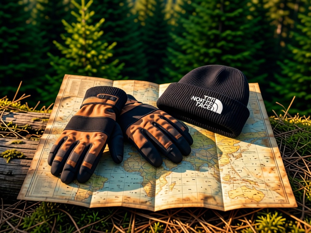 An artistic arrangement of North Face gloves and beanies on a weathered trail map. Warm sunlight highlights textures against deep pine green background. Adventure-themed. No people.